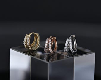 Twin Row CZ Hoop • 14K Solid Gold 6.5mm Hoop • Cartilage Clicker Earring