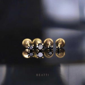 16G/18G/20G • Black CZ Gold Tiny Threadless Push Pin Labret Stud • 1.5mm - 3mm Cartilage earring • Tragus stud • Flat Back Earring