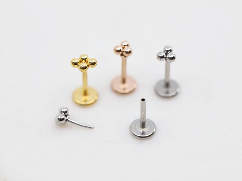 20G 18G Tiny Trinity Ball Thread less Push Pin Labret Stud Tribead/Quadbead Cartilage earring Tragus stud Flat Back Earring image 1