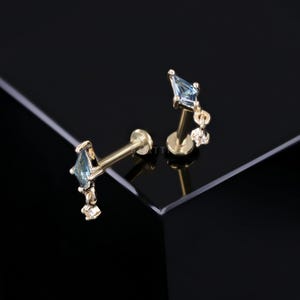 Lyra • Tiny Kite Shaped London Blue Topaz Dangle Gemstone Flat Back Stud • Natural Gemstone Flat Back Studs with Titanium Post