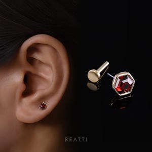 NEW ‣ 14K Solid Gold ∙ Ela ∙ Hexagon Natural Gemstone Threadless Ends ∙ Garnet ∙ Flat Back Studs with Titanium Post
