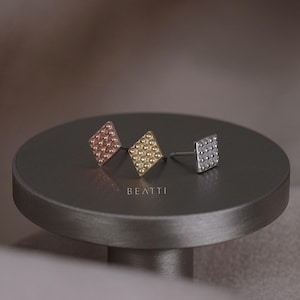 NEW ‣ 14k Gold Beaded Textured Rhombus Flat Back Stud • Gold Rhombus Threadless Push Pin Stud
