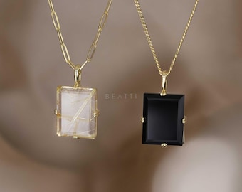NEW ‣ Rectangular Cut Gem Pendant • 14K Vermeil  • Natural Gemstone Pendant
