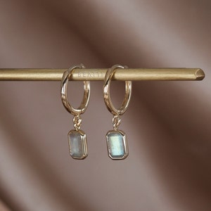 NEW ‣ Nora • Labradorite Charm Hoop Earrings • 14K Vermeil • Emerald Cut Gemstone Charm Dangle Hoops