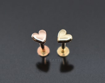 NEW ‣ 18G Mini Heart ∙ 14K Solid Gold Labret Stud, Tiny Heart Stud, 14k Solid Gold Internally Threaded Labret, 14K Gold Labret