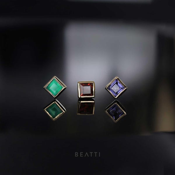 Maya • Gemstone Flat Back Stud • Green Onyx, Garnet, Iolite • 14K Gold Vermeil on 925 Silver