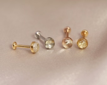 NEW ‣ Tiny Rutile Quartz Threadless Push Pin Labret • Bezel Gemstone Cartilage earring • FlatBack Earrings • Gemstone Piercing