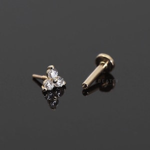 NEW ‣ 14K Gold TINY Trinity Stud • 18G Internally Threaded Labret • Tiny Triple CZ stud Labret • 14K Gold  Labret, 14K Cartilage Stud