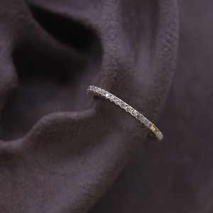 NEW ‣ Thin Delicate 14k Solid Gold CZ Pave Hoop • Slender Conch Hoop •  14k Gold Cartilage Earring  •  14k Conch Hoop, Gold Hoop