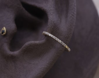 NEW ‣ Thin Delicate 14k Solid Gold CZ Pave Hoop • Slender Conch Hoop •  14k Gold Cartilage Earring  •  14k Conch Hoop, Gold Hoop
