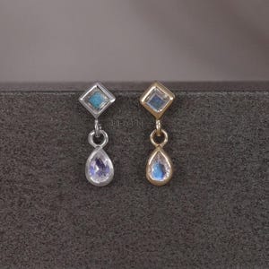 Rena • Labradorite & Rainbow Moonstone Threadless Dangle Stud • 925 Silver • Titanium Post