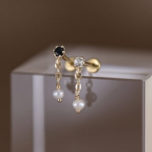 NEW ‣ Seren • Tiny Gemstone Pearl Dangle Thread less Ends 925 Silver • 14K Gold Vermeil • Titanium Post Flat Back • Dangle Gemstone Piercing