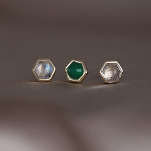 Aria • Natural Gemstone Threadless Ends • Hexagon Gemstone Flat Back Earrings • 925 Sterling Silver with 14K Gold Vermeil • Titanium Post