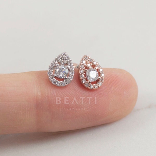Pendiente de cartílago con forma de lágrima y circonita cúbica brillante, pendiente de caracola, hélice, joyería para piercing, pendiente de cartílago, pendiente con parte posterior plana