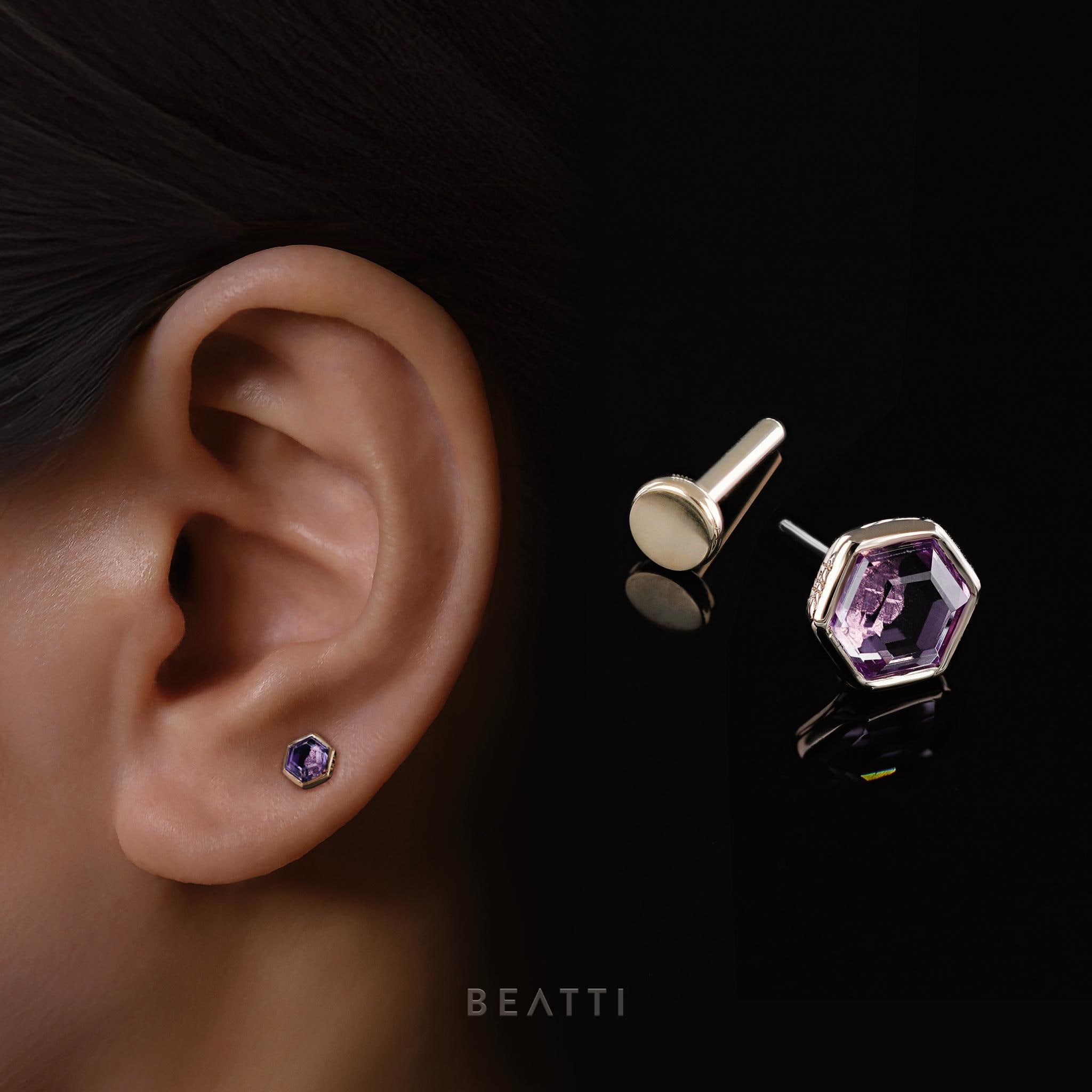 NEW ‣ 14K Solid Gold ∙ Ela ∙ Hexagon Natural Gemstone Threadless Ends ∙ Amethyst ∙ Flat Back Studs with Titanium Post