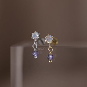 NEW ‣ Roy • Tiny Gemstone Dangle Charm Threadless Ends 925 Silver • 14K Gold Vermeil • Titanium Post Flat Back • Dangle Gemstone Piercing