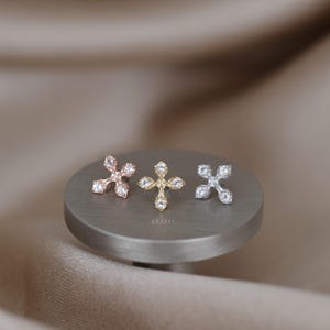 NEW ‣ Medieval Cross Flat Back Earring • White Topaz •  925 Silver 14K Gold Vermeil • Titanium Post • Flat Back Gemstone Earring