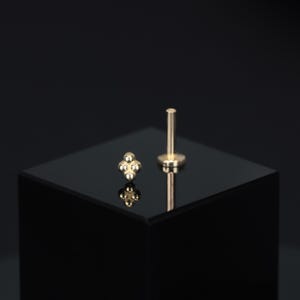 May include: Two gold-coloured body jewellery pieces. One piece features a cluster of four small spheres, and the other has a flat base with a post. Both pieces are displayed on a black surface against a dark background.
