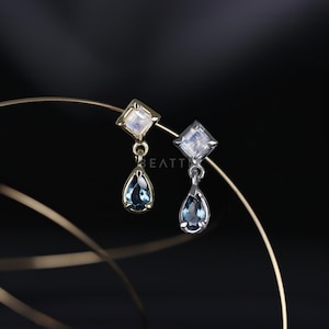 NEW ‣ Esther • Moonstone + London Blue Topaz Flat Back Stud • Natural Gemstone Threadless Ends 925 Silver • Dangle Gemstone Piercing