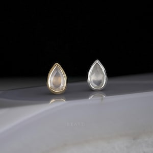 NEW ‣ Jade II • Grey Moonstone Threadless Push Pin Stud  • Gemstone Piercing • Flat Back Earring • 925 Silver • Titanium Post