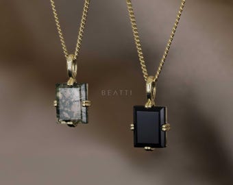 NEW ‣ Square Gemstone Necklace Pendant • 14K Vermeil  • Natural Gemstone Pendant