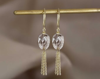 NEW ‣ Roux • Clear Quartz Tassel Dangle Hoop Earrings •  Silver Chain Hoop Earrings • Elegant & Modern Jewelry