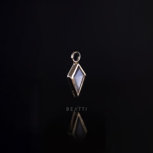 NEW ‣ Zenith (Large) • 14K Solid Gold Hoop Charm • Genuine Grey Moonstone Kite Cut Gemstone Charm