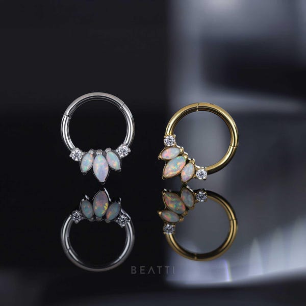 Tiara Opal Clicker • Fire Opal Cabochon Clicker Hoop • CZ Cluster • Opal Septum Ring • Daith Ring