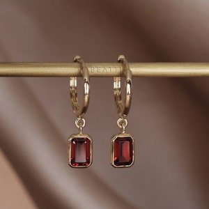 NEW ‣ Nora • Garnet Charm Hoop Earrings • 14K Gold Vermeil 925 Silver • Emerald Cut Gemstone Charm Dangle Hoops
