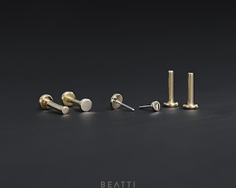 NEW ‣ 14K Solid Gold Tiny Flat Disc Threadless Push Pin Labret Stud ∙ Flat Back Studs with Titanium Post • Multi Size Cartilage Piercing