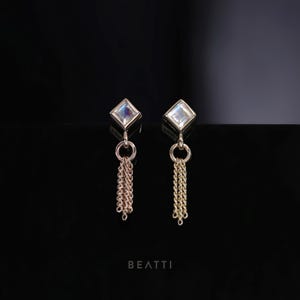 NEW ‣ Miel ∙ 14K Solid Gold Rainbow Moonstone 3 Curb Chain Tassel Threadless Stud ∙ Natural Gemstone Flat Back Studs with Titanium Post