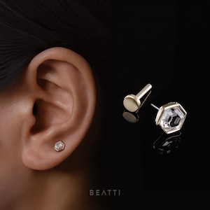 NEW ‣ Ela ∙ 14K Solid Gold ∙ Hexagon Natural Gemstone Threadless Ends ∙ White Topaz ∙ Flat Back Studs with Titanium Post