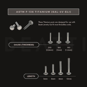 May include: Image of titanium posts for body jewelry. The image shows posts in various gauges and lengths, including 20G [0.8mm], 18G [1mm], and 16G [1.2mm]. Lengths range from 5mm to 10mm. The text reads "ASTM F-136 TITANIUM (6AL-4V-ELI)".