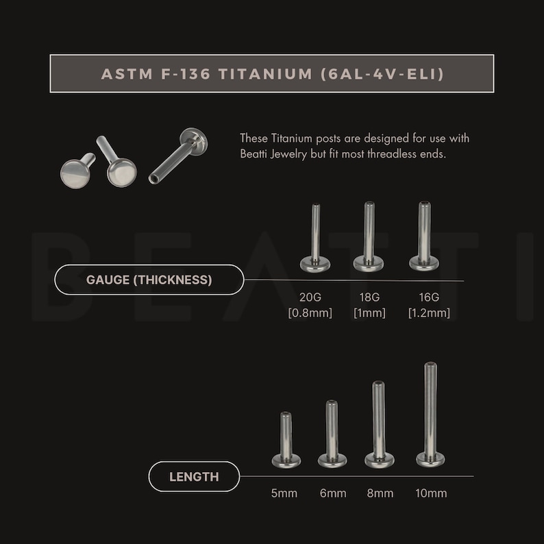 May include: Image of titanium posts for body jewelry. The image shows posts in various gauges and lengths, including 20G [0.8mm], 18G [1mm], and 16G [1.2mm]. Lengths range from 5mm to 10mm. The text reads "ASTM F-136 TITANIUM (6AL-4V-ELI)".