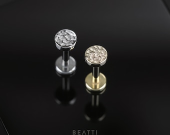 NEW ‣ 14K Solid Gold Hammered Disc Threadless Push Pin Labret Stud ∙ Flat Back Studs with Titanium Post • Hypoallergenic Cartilage Piercing