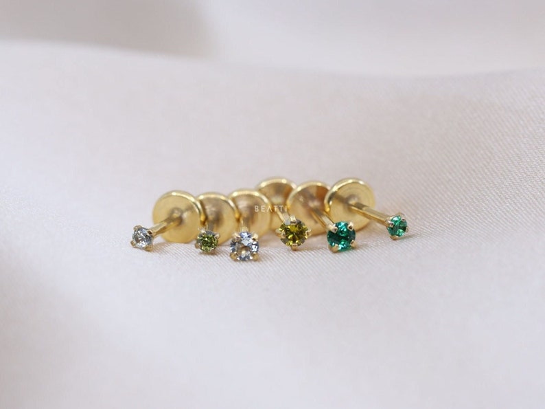 20G/18G Tiny 1.5mm/2mm Green Ombre Gold CZ Threadless Push Pin Labret Stud Gold Green Piercing Gold Tragus stud Flat Back Earring image 1
