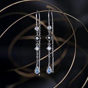 NEW ‣ Tess • Moonstone Black Spinel Threader Earrings • 925 Silver • Gemstone Charm Threader Earring