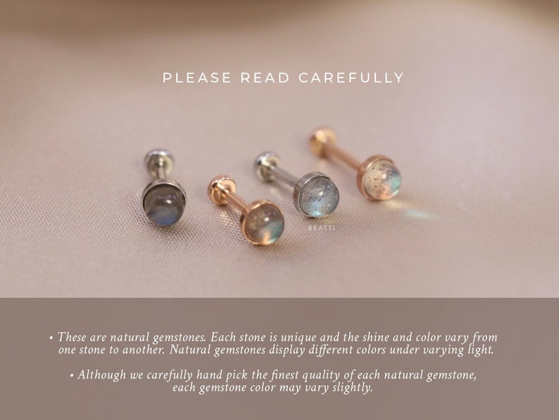 NEW Tiny Genuine Labradorite Threadless Push Pin Labret Bezel Gemstone Cartilage earring FlatBack Earrings image 4