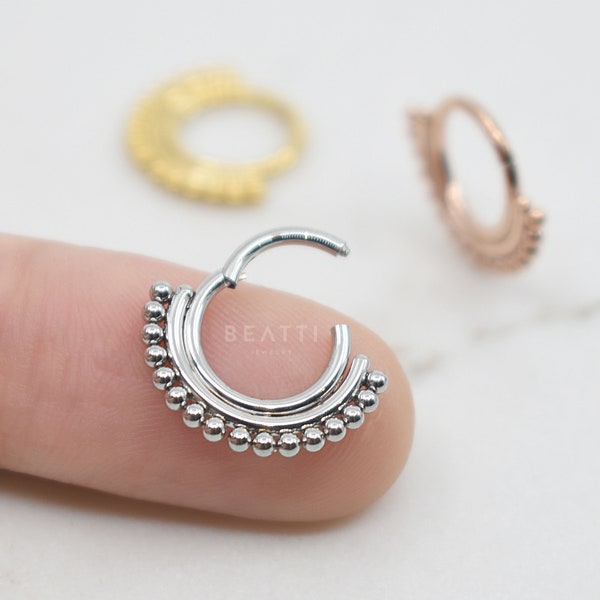 NEW ‣ 16g Bead Cluster Hinged Segment Ring, 316L SS, Daith Earring Clicker, Conch Hoop, Septum Clicker