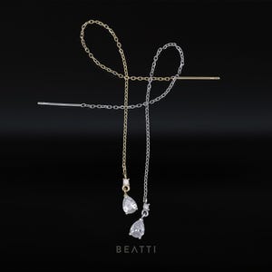 NEW ‣ 14K Solid Gold Pear CZ Drop Threader • 14K Gold Chain Threader • Gold Cartilage Chain Earring