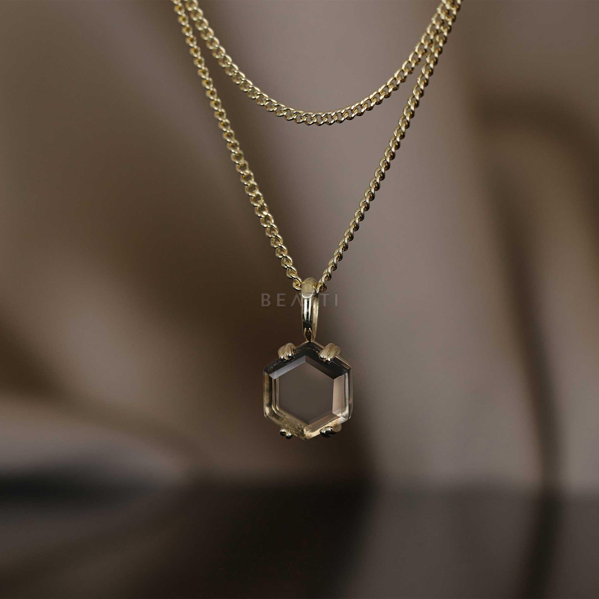 NEW ‣ Mini Smoky Quartz Hex Facet Pendant • 14K Vermeil  • Natural Gemstone Pendant
