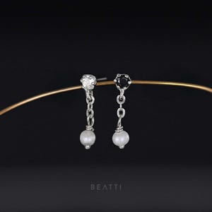 NEW ‣ Seren • Tiny Gemstone Pearl Dangle Thread less Ends 925 Silver • Titanium Post Flat Back • Dangle Gemstone Piercing