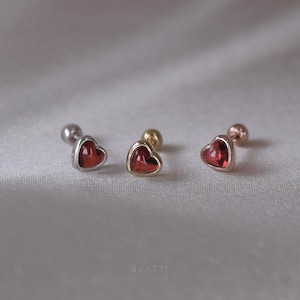 NEW ‣ Cora •  Heart Shaped Natural Gemstone Barbell  • Garnet Piercing  • Gemstone Cartilage Earring • Red Heart Earring