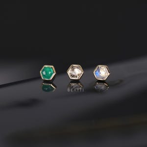 Aria • Natural Gemstone Threadless Ends • Hexagon Gemstone Flat Back Earrings • 925 Sterling Silver with Gold Vermeil • Titanium Post