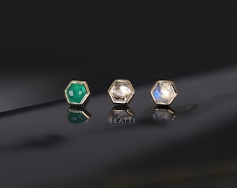 Aria • Natural Gemstone Threadless Ends • Hexagon Gemstone Flat Back Earrings • 925 Sterling Silver with Gold Vermeil • Titanium Post