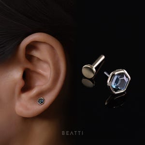 NEW ‣ 14K Solid Gold ∙ Ela ∙ Hexagon Natural Gemstone Threadless Ends ∙ London Blue Topaz ∙ Flat Back Studs with Titanium Post