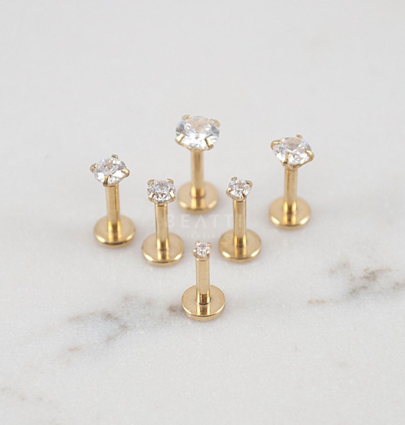 16G Gold 1.5mm 4mm Cartilage earring/Tragus stud/Internal thread/Lip rings/Monroe/Forward helix image 1