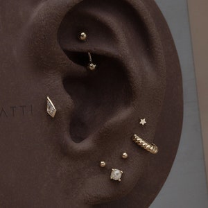 NEW ‣ 14K Gold Tiny Briolette Cartilage Earring • 14K Internally Threaded Labret • 14k Coffin Diamond Tragus Earring
