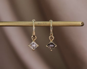 NEW ‣ Kaya • Genuine Gemstone Charm Hoop Earrings • 925 Silver 14K Vermeil • Smoky Quartz White Topaz Charm Hoop Earrings