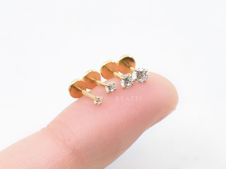 16G/18G/20G Tiny Threadless Push Pin Labret Stud Gold Labret 1.5mm 3mm Tragus stud Flat Back Earring Nose Stud image 5